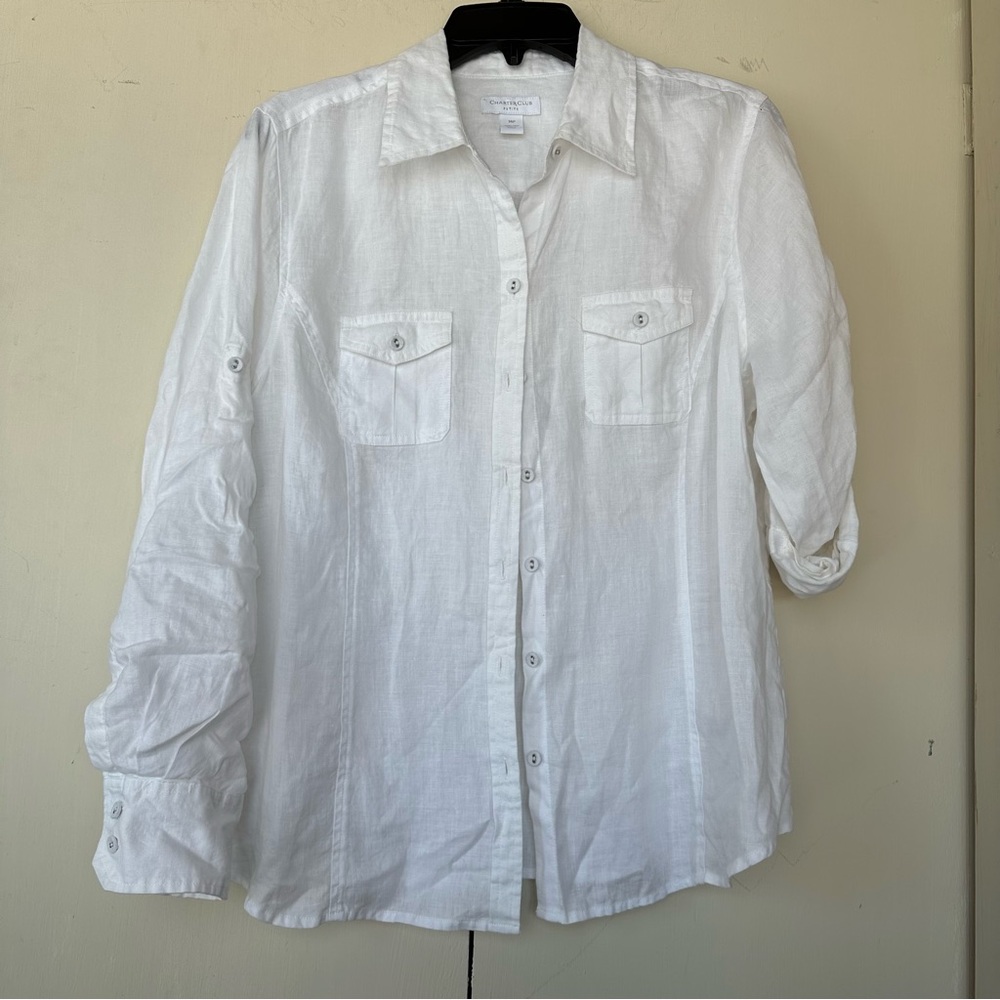 Charter Club White Womens Button Up Linen Long Sleeve Shirt Size 14P